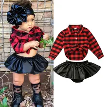Модная детская одежда для рождественских праздников комплекты в клетку футболки+ кожаная юбка шорты, 2 предмета в комплекте, для маленьких девочек на осень, для детей в возрасте от 0 до 24 месяцев