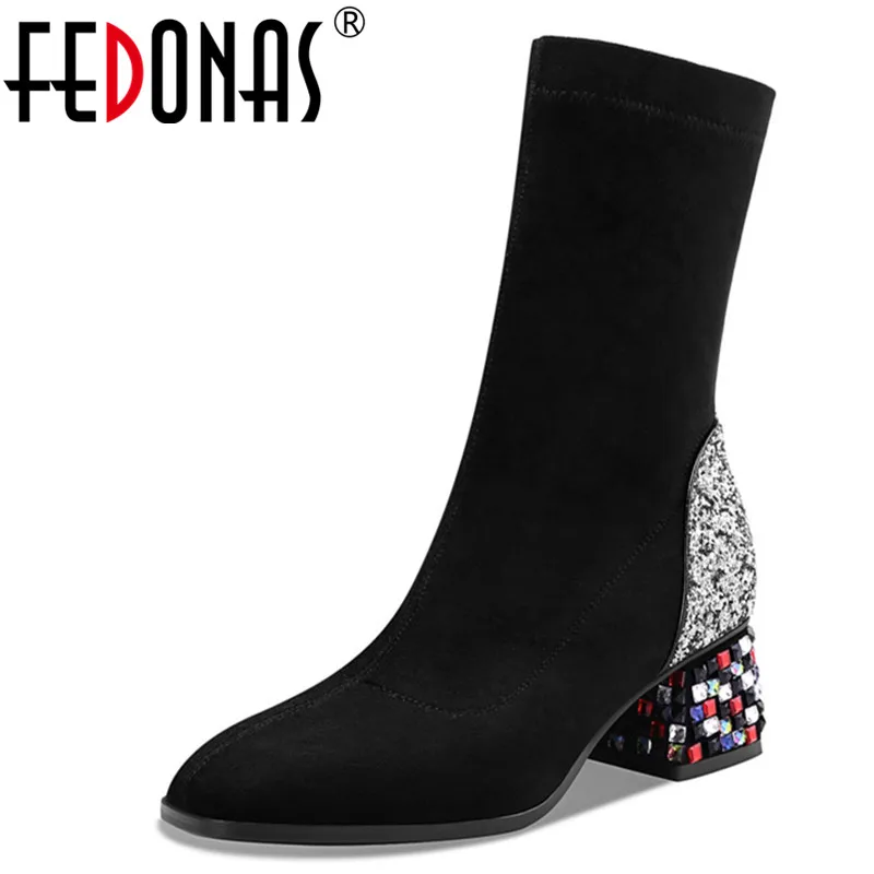 

FEDONAS Chelsea Boots Dancing Party Shoes Woman Warm Flock Stretch Boots Plus Size Rhinestone High Heels Women Ankle Boots
