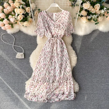 

2020 Summer Korea Fashion Women Elegant Print V-Neck Empire A-Line Mini Dress H489