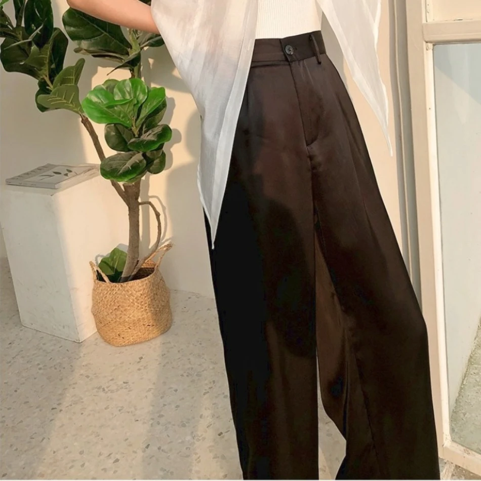 cropped leggings 2021 Summer Autumn Silk Satin Women's Pants Loose Classic Black Straight High Waist Casual Korean Wide Leg Trousers for Women white capri leggings