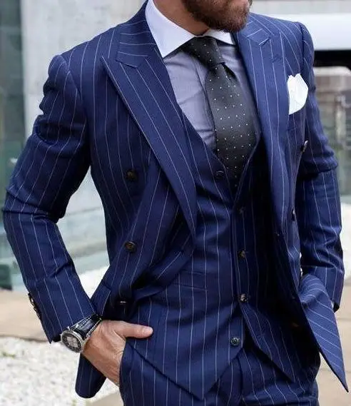 Men's Dark Blue With Strip Suit Blazer Groom Tuxedos Formal Wedding Suit Custom 