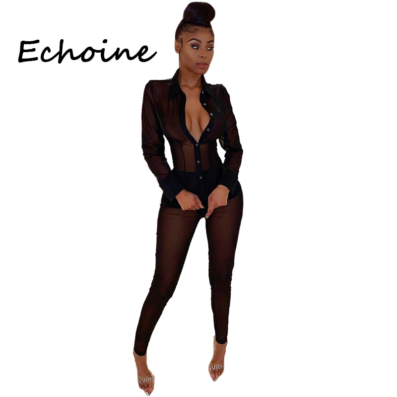 

Echoine Sexy 2 Piece Set Women Sheer Mesh See ThroughTops Shirt+ Long Pants Clubwear Office Lady Summer Clothes For Women