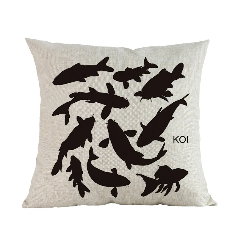 Черный силуэт стиль морфологическая рыба Koi бас Щука узор льняной бросок наволочка для дома декоративная подушка для дивана крышка