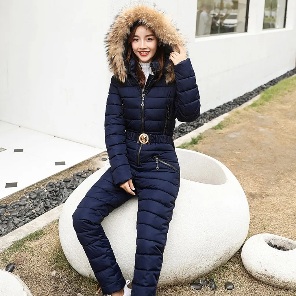 Waterproof Women Hooded Solid Colors Skiing Jumpsuits Elegant Winter Warm Zipper Ski Suit Onesie Sport Outdoor Snowsuit Coat#g4