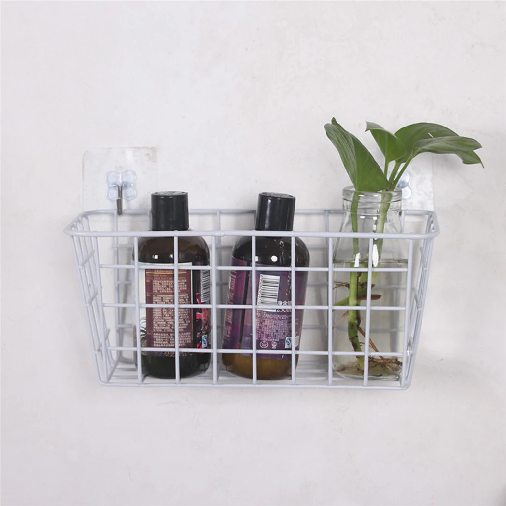 2Pieces White Grid Basket Wire Wall Basket with Hanging Hook, Wall-mounted Organizer for Grid Panel, Wire Storage Shelf Rack