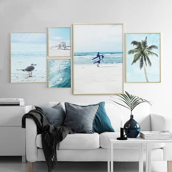 

Nature Scenery Scandinavian Poster Palm Sea Wave Pictures Nordic Seascape Decoration Print Landscape Wall Art Canvas Painting