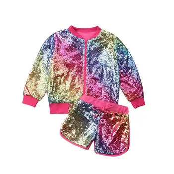 

US STOCK Toddler Kid Baby Girl Clothes Fall Clothes Sequins Pullover Tops Jacket Shorts Outfit Children Set 2pcs