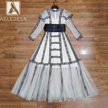 

AELESEEN High Quality European Retro Party Long Dresses Luxury Embroidery Vintage Totem Elegant Full Mesh A-Line Long Dress
