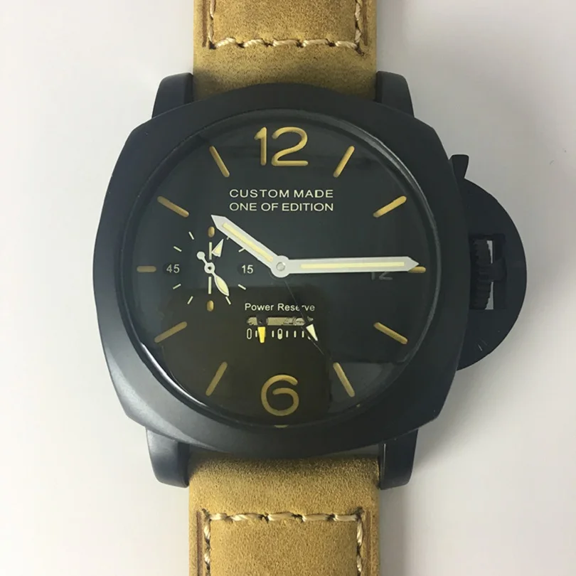 

44mm Watch Men Automatic Mechanical Leather Strap Luminous Power Reserve PVD Military Waterproof GMT Watch