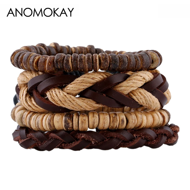 ANOMOKAY 4 шт./компл. Винтаж коровья кожа ремешок браслет ручной работы многослойный