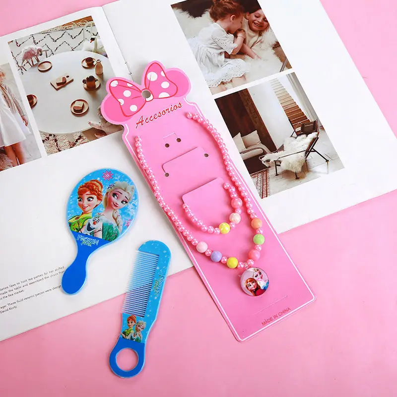 4pcs Disney princess cartoon Mirror comb+necklace bracelet Elsa Jewelry accessories children Frozen doll girl gift cosmetic toy - Цвет: 9