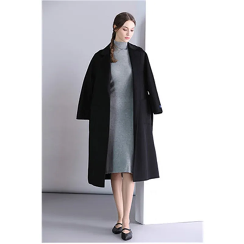 High Quality Wide Lapel Women Wool Coat With Belt Loose Woolen Female Coat Open Stitch Winter Wool Jacket Casaco Feminino - Цвет: Black