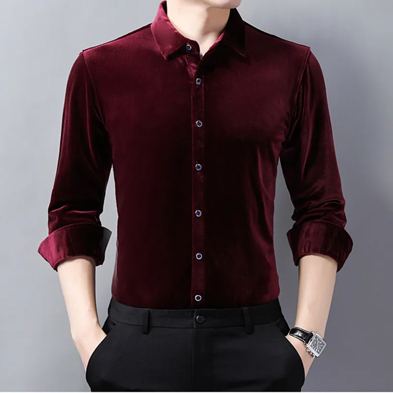 Luxury Retro Winter Red Velvet Dress Shirts For Mens Purple Plush Big Size Blouse Velour Claret