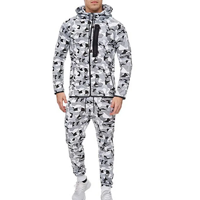 

2 Pieces Sport Tracksuit Men Camouflage Print Ropa Hombre Set Zipper Pocket Hoodies Jackets + Pencil Jogging Homme Casual Sets