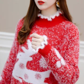 

Christmas Ruffle Turtleneck Fleece Women Sweaters Winter Long Sleeve Elk Print Female Pullovers 2020 Fashion Warm Lady Clothes