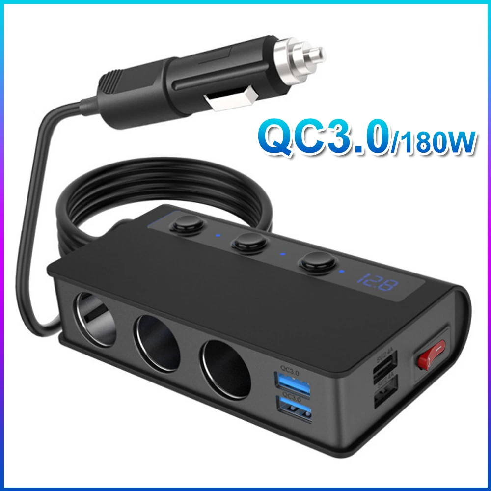 QC 3.0 разветвитель автомобильного прикуривателя 12V 24V 3 Socket 180W ON-OFF DC Power Car Splitter с 4