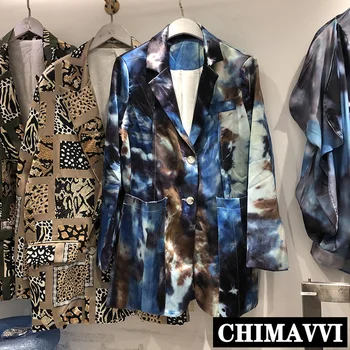 

European Retro Printed Loose Casual Blazer Coat Spring Mid-length Ins Gradient Tie-Dye Suit Jacket Women Autumn Casual Jacket