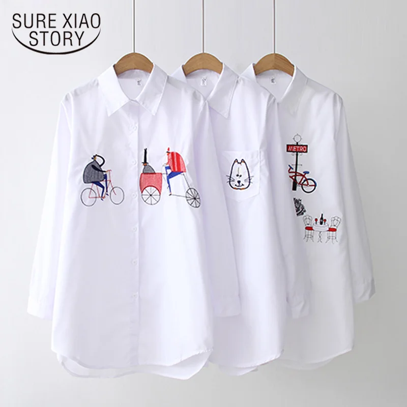 New White Shirt Casual Button Up Turn Down Collar Female Blouse Long Sleeve Cotton Blouse Embroidery Blouse Lady 5083 50