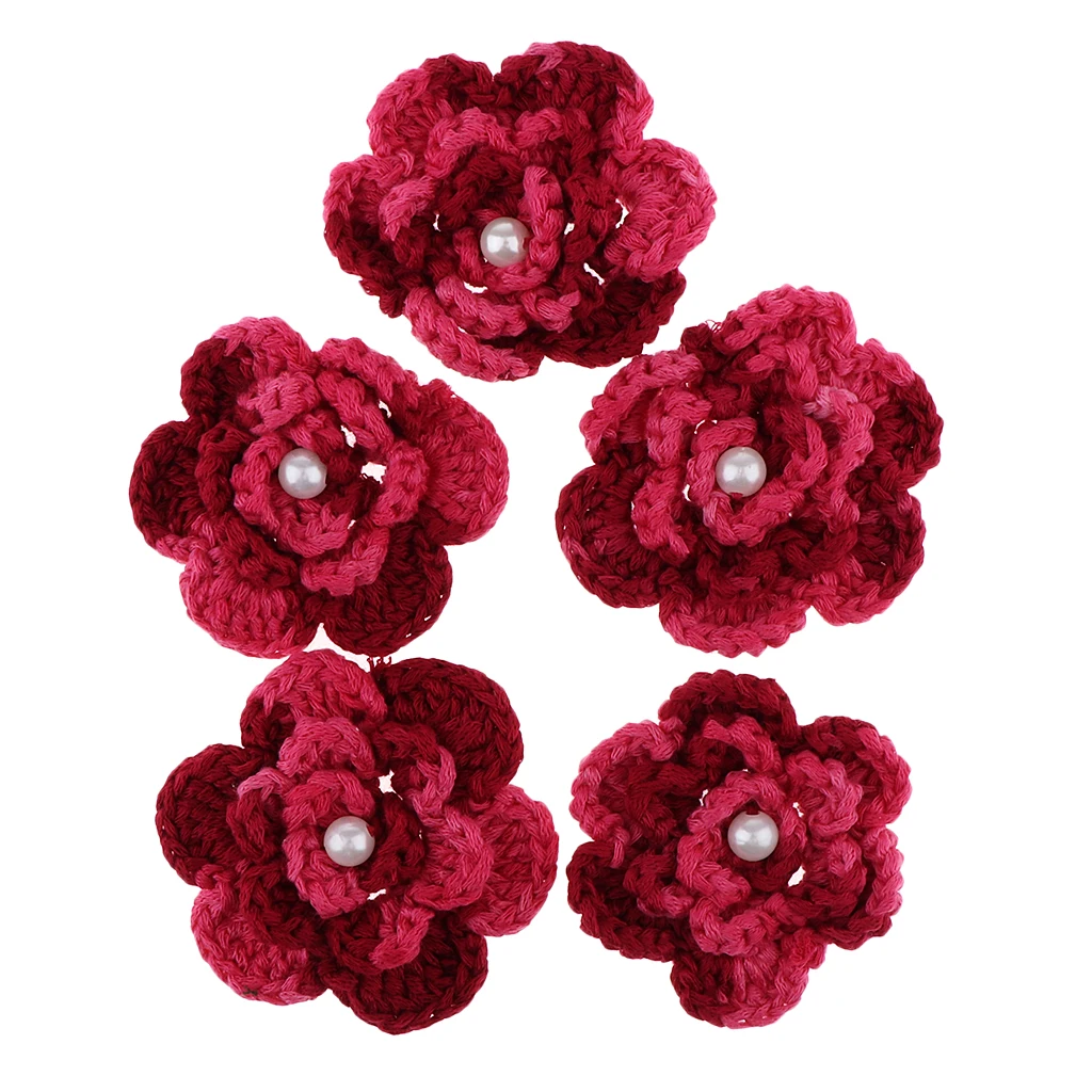 5 Pcs Yarn Crochet Flower Handmade Appliques Embellishment DIY Sewing Scrapbooking Craft Pearl Knitted Crochet Flowers Accessory