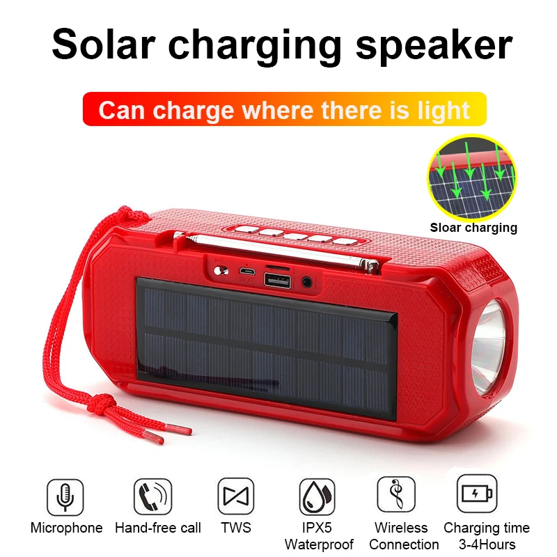 Energía Solar de carga de auriculares Bluetooth estéreo inalámbrico Subwoofer portátil al aire libre caja de música con linterna radio FM altavoces