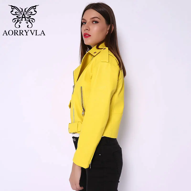 Новая модная женская куртка из искусственной кожи желтые мотоциклетные кожаные куртки с отложным воротником на молнии Повседневная Базовая куртка