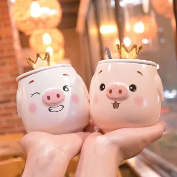 

Lovely Pig Coffee Mugs Ceramic Tea Cups With Cover Spoon Cartoon Creative Drinkware