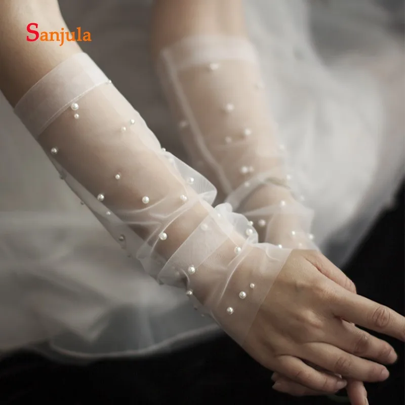 fingerless design Варежки с перламутровыми бусинами Опера Длина Тюль Свадебные перчатки полный палец/без пальцев длинные перчатки женские Вечерние перчатки бруиды handschoenen G03 - Цвет: fingerless design