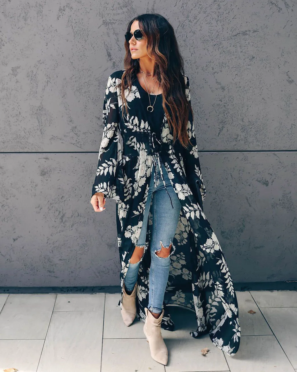 Bikini Cover-ups Boho Printed Long Kimono Cardigan Plus Size White Black Chiffon Tunic Women Beach Wear Swim Suit Cover Up A225