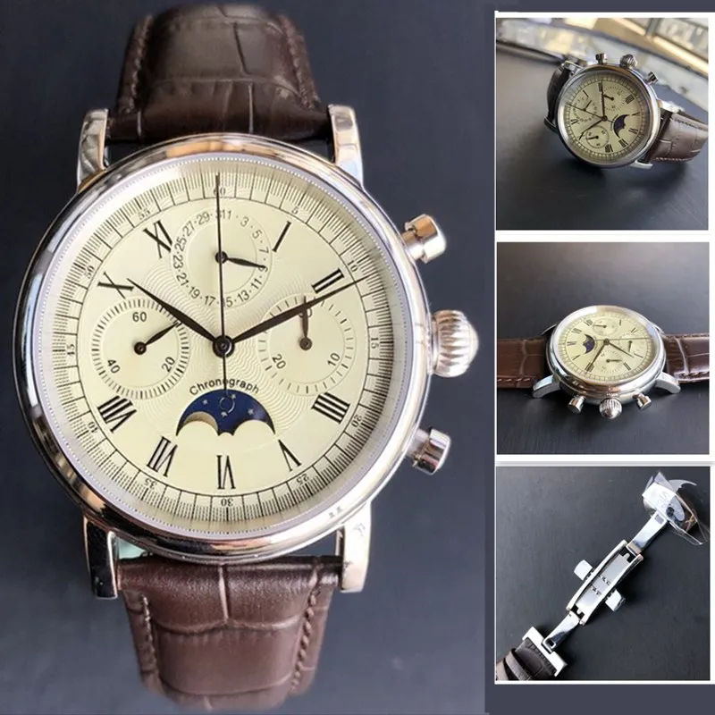 

Sapphire Dial Pilot Chronograph Watch 100% Original Real ST1908 Movement Men Mechanical Watches Calendar Moon phase Top Brand