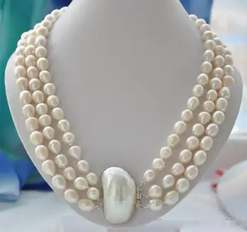 

Free shipping NATURAL 3strands 12mm rice white Freshwater pearl necklace mabe 23inch