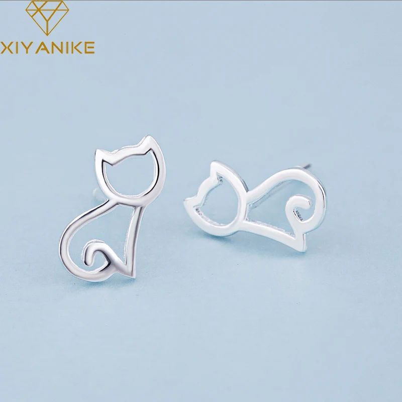

XIYANIKE 925 Sterling Silver New Creative Hollow Cat Stud Earrings For Women Trendy Small Earring Prevent Allergy Jewelry