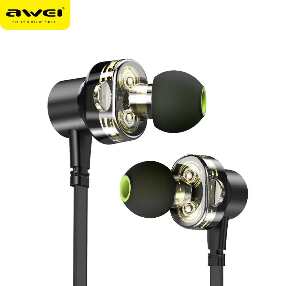 AWEI Z1 Dual Dynamic 3,5 мм HiFi наушники в ухо Спорт бас Проводные металлические наушники с микрофоном для huawei для Xiaomi для MP3/4 плеера