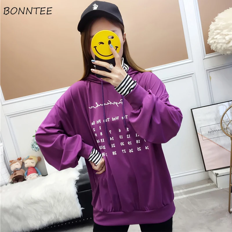 

Hoodies Women 2019 New Spring Autumn Purple Female Korean Style Loose Student Thin Hooded Printed Large Size Womens Sweatshirts