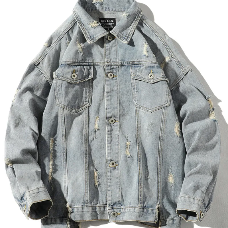 Hole Denim Jacket Men's Fashion Washed Solid Color Casual Retro Denim Jacket Man Streetwear Wild Hip Hop Loose Bomber Jacket