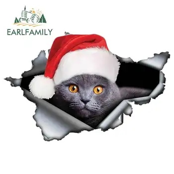 

EARLFAMILY 13cm x 8.6cm Cat with Santa's Hat Car Sticker Torn Metal British Cat Decal Reflective Stickers Santa Hat Decoration