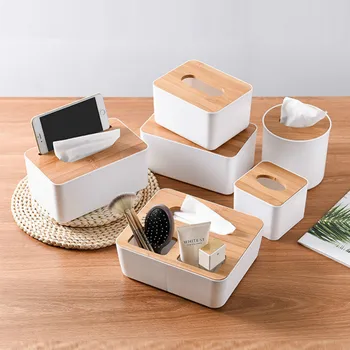 

Plastic Tissue Box With Bamboo Cover Toilet Roll Paper Organizer Towel Napkin Container Log Tissue Holder Home Bathroom Supplies