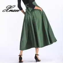 Xnxee Женская длинная юбка макси с разрезом винтажная Женская модная плиссированная юбка с расклешенными карманами на шнуровке с бантом размера плюс 4XL