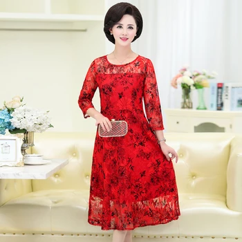 

Red Blue Lace Dress Woman Classy Chic Floral Pattern One Piece Female O-neck Calf Length Three Quarter Sleeve Dresses For Ladies