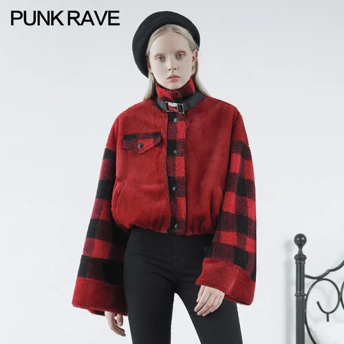 PUNKRAVE Ретро клетчатая строчка Свободная куртка женская осенняя и зимняя короткая плюшевая теплая рубашка кардиган с воротником-стойкой - Цвет: Red