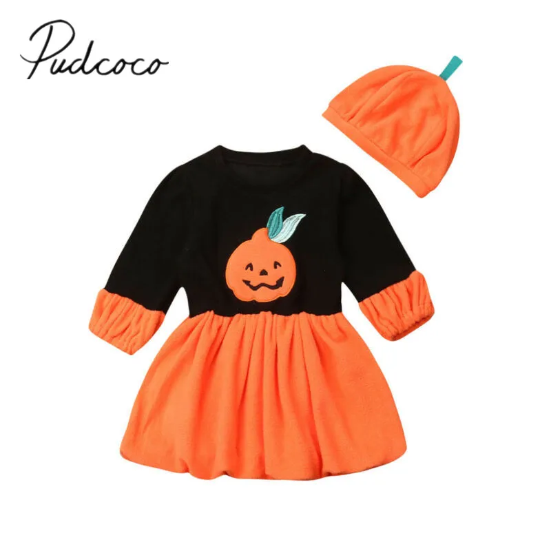

2019 Baby Autumn Winter Clothing Botique Toddler Infant Baby Girl Halloween Pumpkin Dress Tutu Warm Party 2Pcs Dresses 6M-4Y