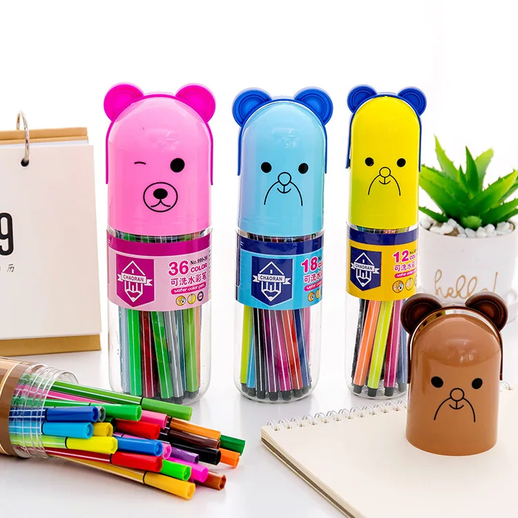 

Cartoon Bear Barrel Watercolor Pens Set 12-24 Color Children Painted Graffiti Color Pen Students Learning Supplies