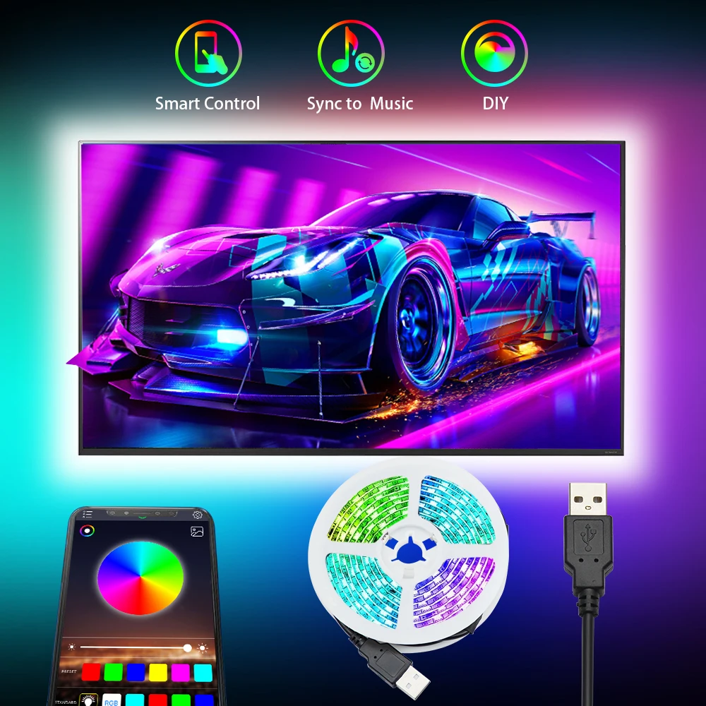 

RGB Led Strip Light 3M Music Bluetooth USB Led Strip TV DC5V Flexible Ribbon Tape 5050SMD Christmas Lights For Room