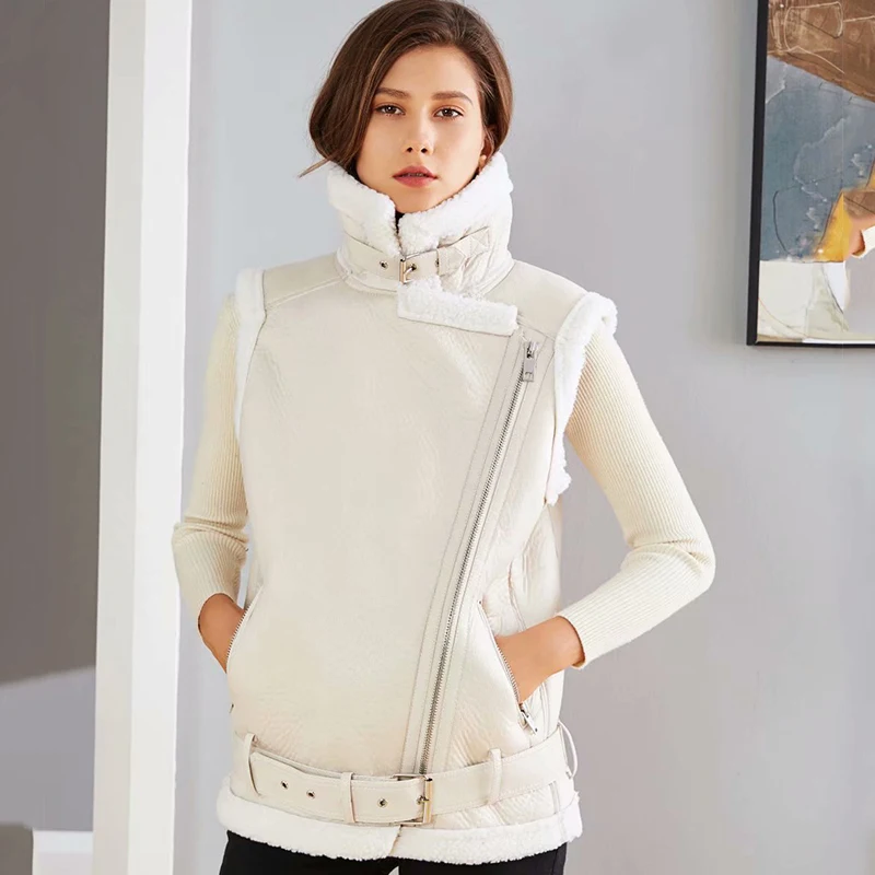 Winter Women Warm Vest Zipper Turn-Down Collar Solid Adjustable Waist Faux Leather Fur Jacket Punk Style Lady's Vests Coat | Женская