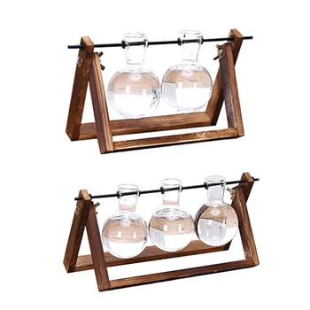 

1 Pcs Creative Bulb Vase Plant Glass Hydroponic Container Wooden Home Decorations & 3 Pcs Plant Terrarium with Wooden Stand Glas