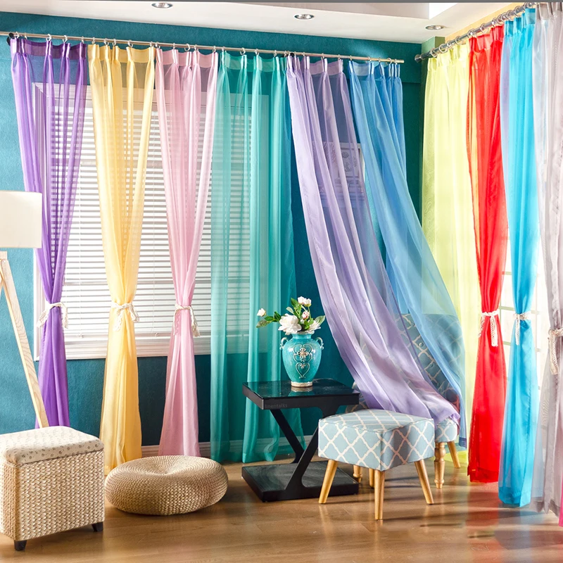 100% Polyester Solid Sheer Voile Curtains French Door Multi-Color Window Tulle Drapery Living Room Balcony Decoration Cortinas 5