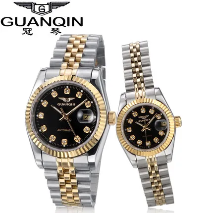 gold black Пара часов GUANQIN Топ бренд класса люкс автоматические механические часы из нержавеющей стали водонепроницаемые часы relogio masculino подарок для пары - Цвет: gold black