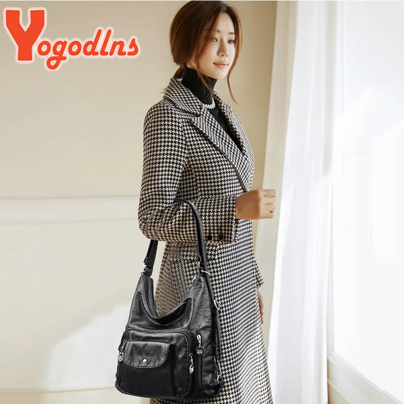 Retro Leather Shoulder Bag Female Multi-pockets Crossbody Bag Fashion Large Capacity Handbag New Messenger Bag Tote sac