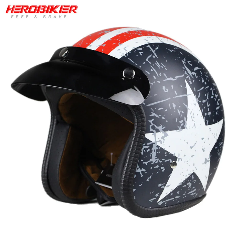 HEROBIKER мотоциклетный шлем из синтетической кожи ретро круизер чоппер Скутер кафе гонщик Мото шлем 3/4 открытый шлем в горошек - Цвет: Matte Stars