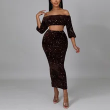

2 Pieces Sets of Women Dress Outfits Sequined Black Burgundy Solid Crop Tops & Skirt High Waisted Back Split Elegant Evening Set