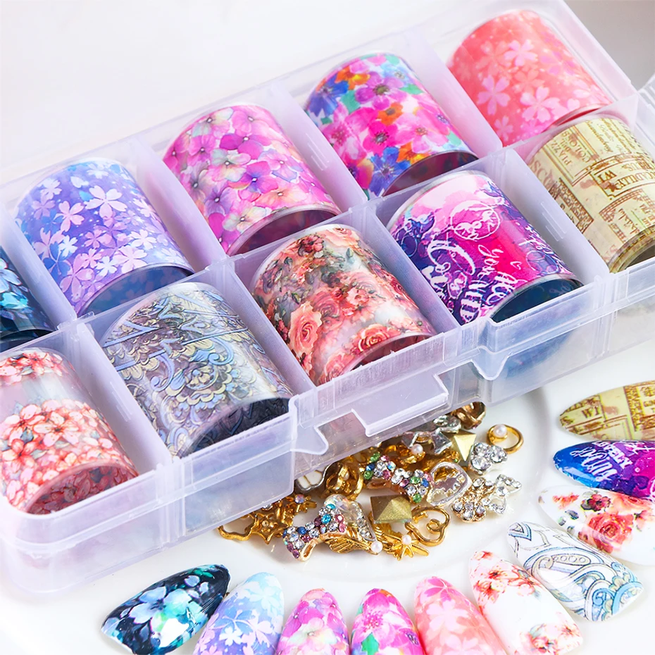 10 RollsBox Charms Flower Nail Art Transfer Foils Polish Sticker Transparent Decal Wraps Nail Art Decoration Manicure 6